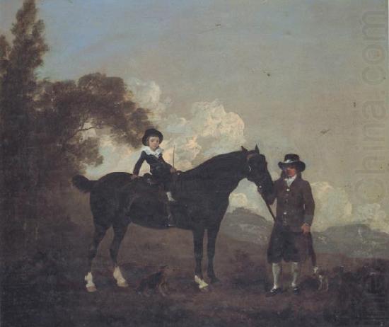 A Child on A Hunter Held by a Groom and Tow Terriers in a Landscape, Thomas Gooch